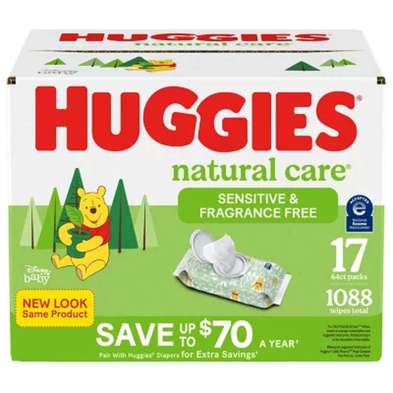 Huggies Natural Care Sensitive, Fragrance Free Baby Wipes, 17 Packs (1088 Ct.)